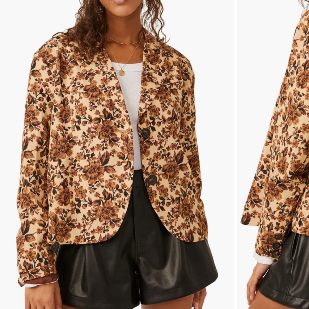 Free People Floral Blazer in Brown and Cream